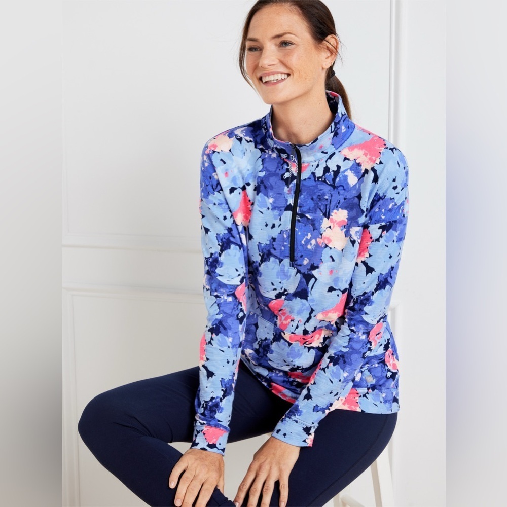 Fabletics Blue and Pink Floral Quarter-Zip Sweatshirt